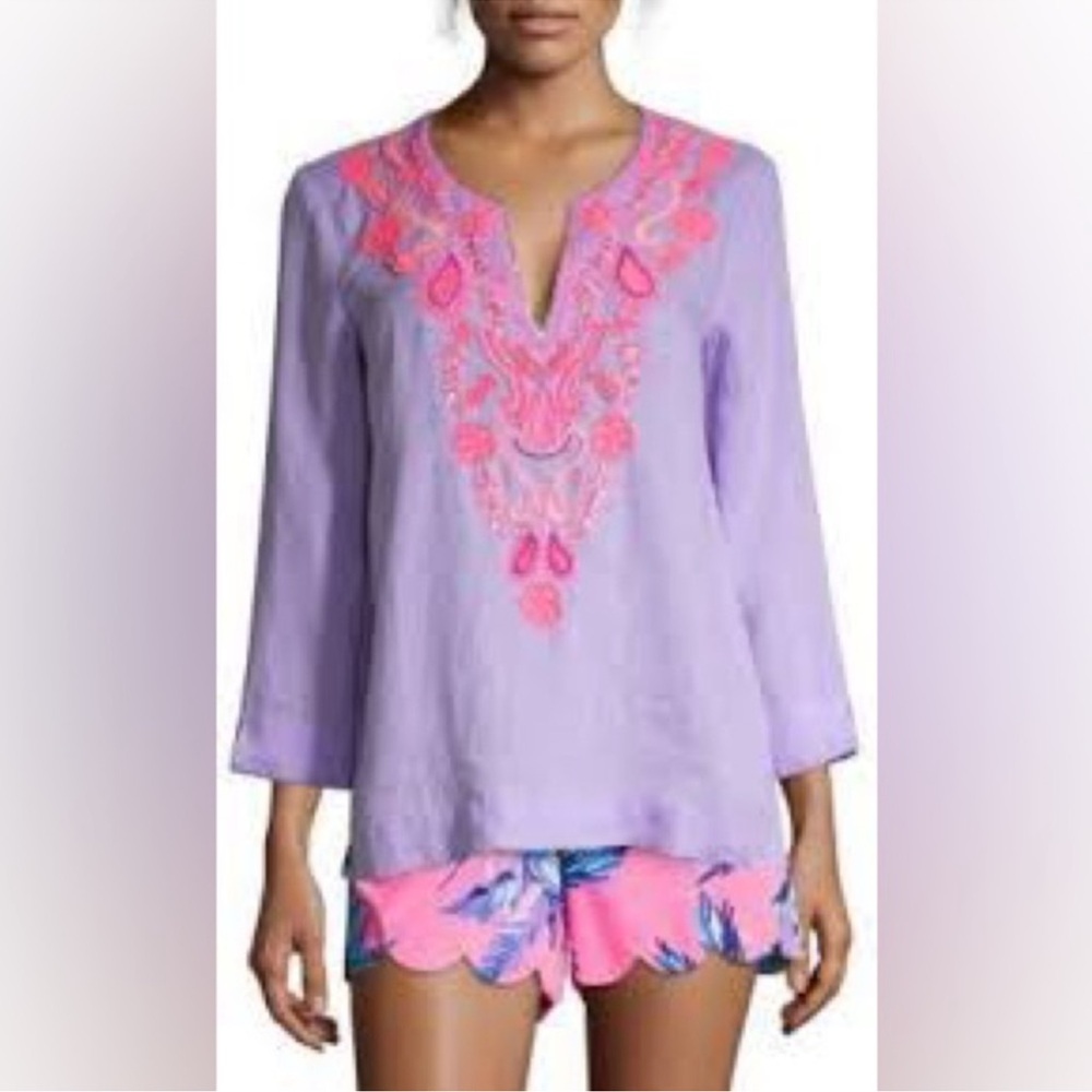 Lilly Pulitzer Amelia Island Tunic Lilac Verbena Beaded Sequin Embroidery NEW‎